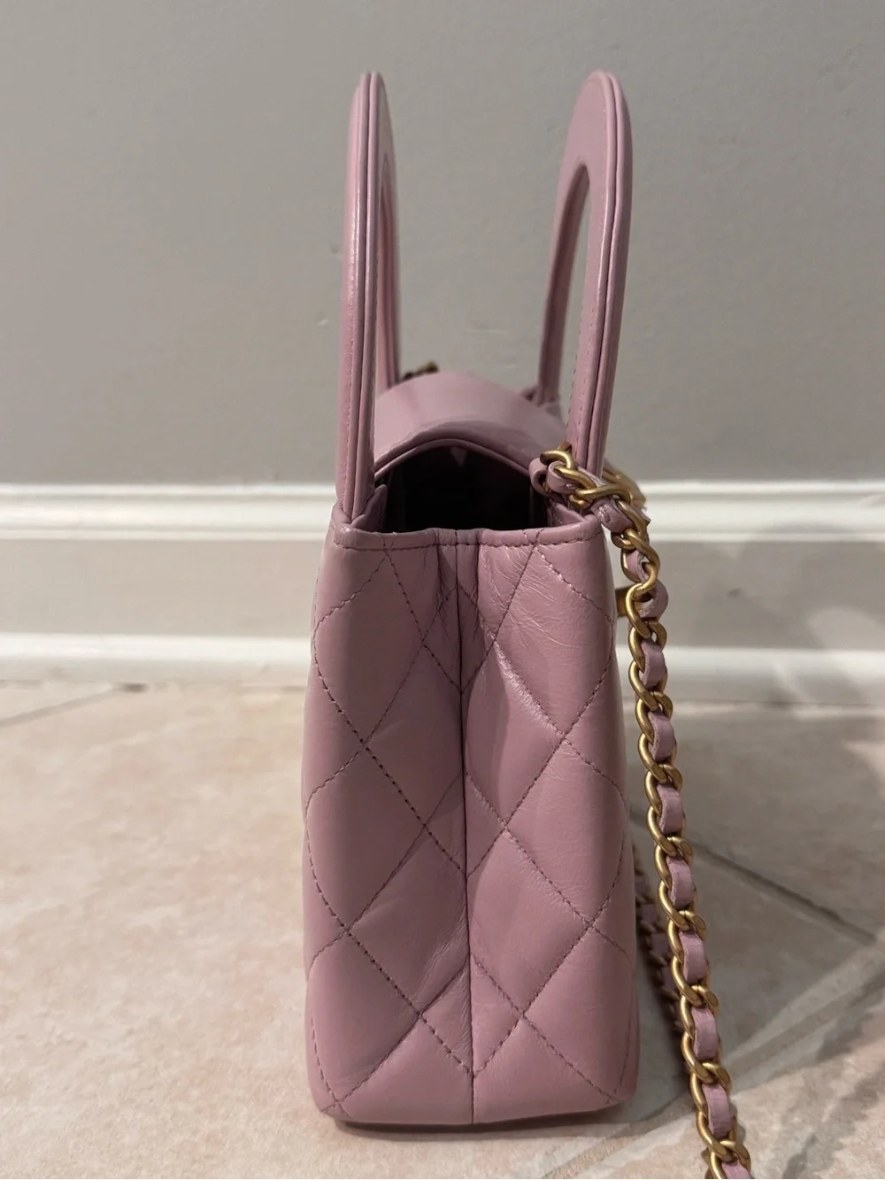 CHANEL Pink Quilted Top-Handle Mini Bag with Gold Chain